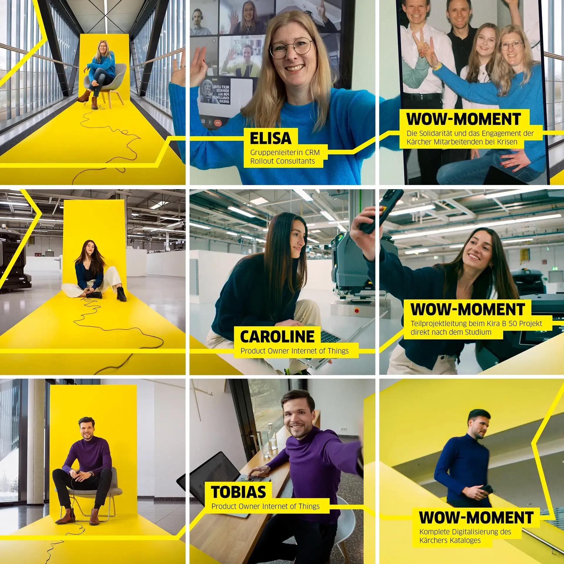 Carousel Ads mit Protagonisten, die von ihren Wow-Momenten berichten