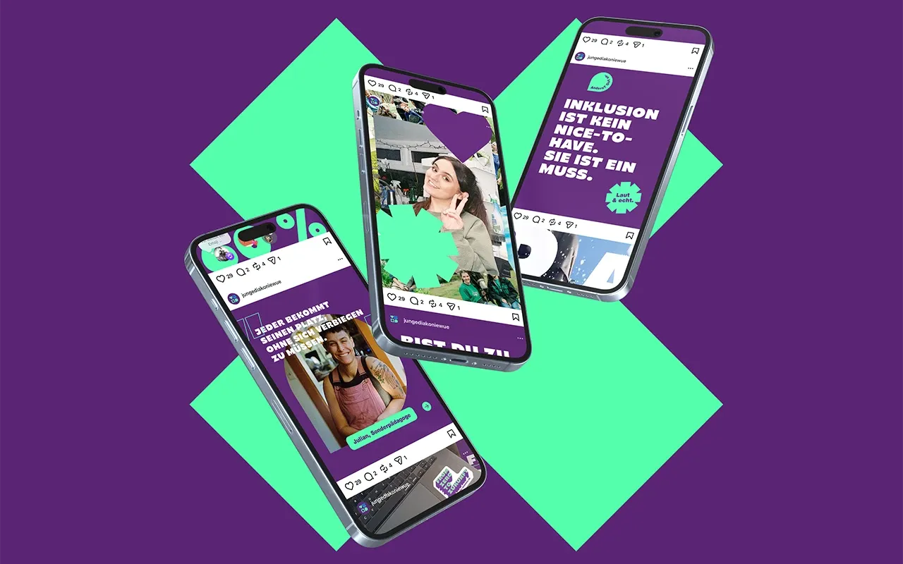 Bunte Grafik mit mehreren Smartphones und Social Media Posts