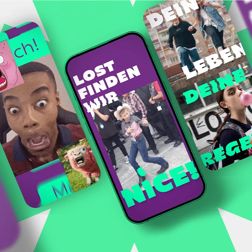 Bunte Grafik mit mobilen Screenshots im Device